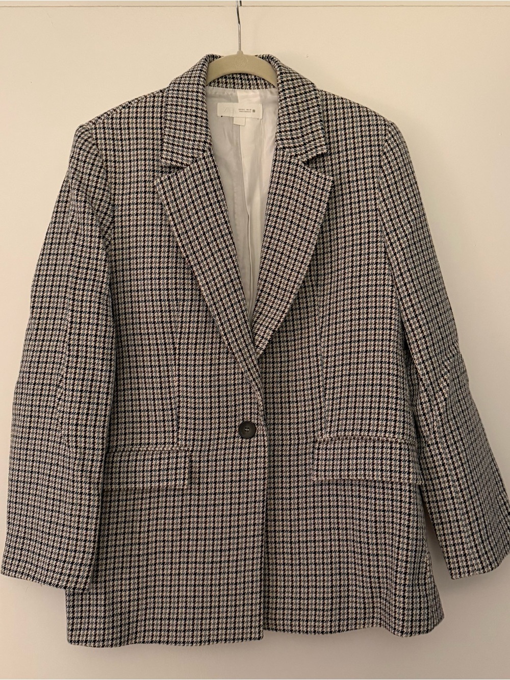 Zara Black and White Houndstooth Single-Button Blazer